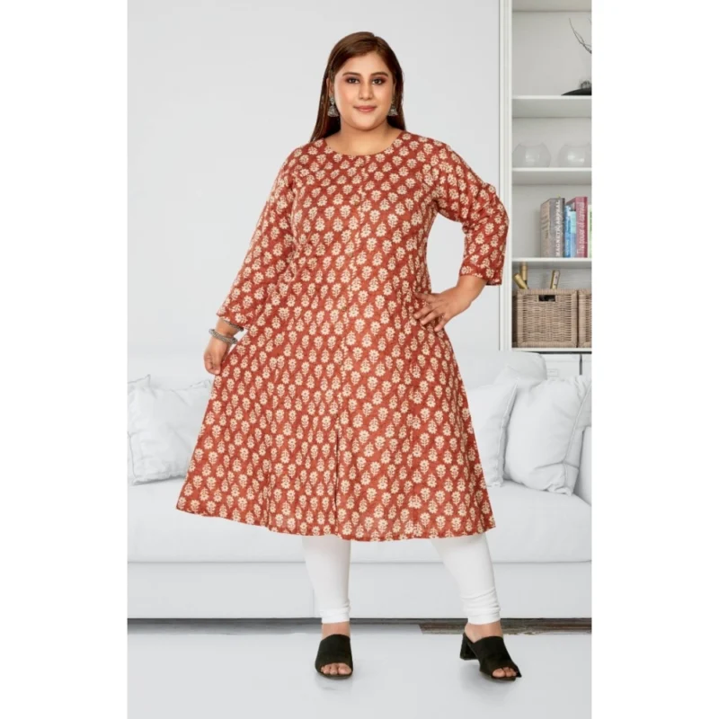 Generic Women's Casual 3/4th Sleeve Printed Pure Cotton Prince Cut A-Line Kurti (Red) - Image 2