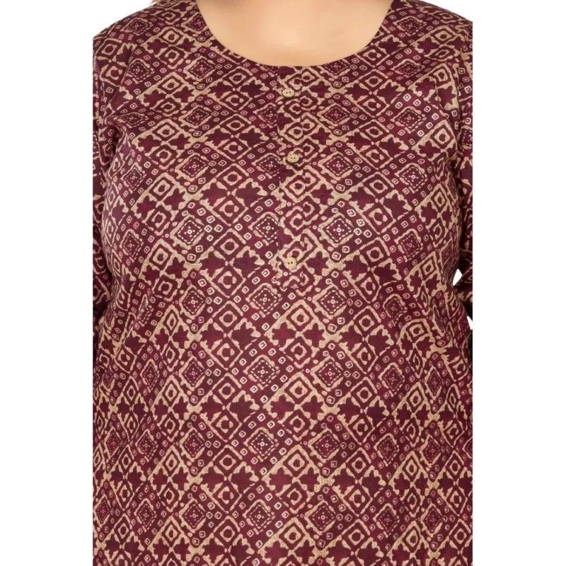 Generic Women's Casual 3/4th Sleeve Golden Foil Printed Capsule Cotton Straight Kurti (Maroon) - Image 3