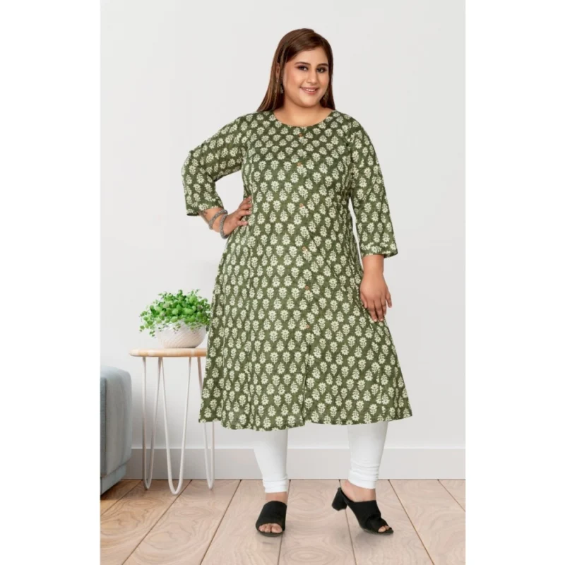 Generic Women's Casual 3/4th Sleeve Printed Pure Cotton Prince Cut A-Line Kurti (Green) - Image 2