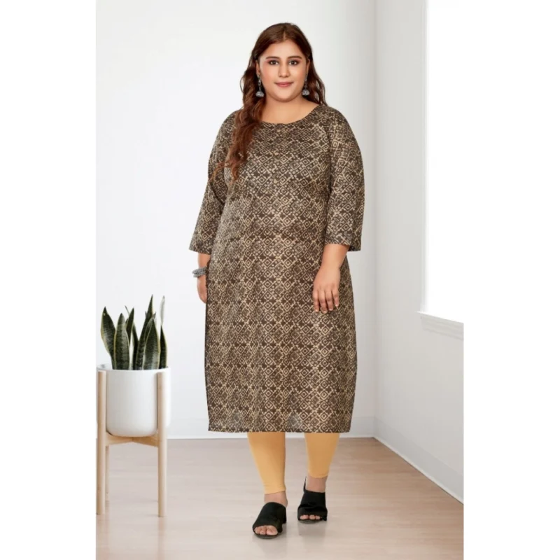 Generic Women's Casual 3/4th Sleeve Golden Foil Printed Capsule Cotton Straight Kurti (Brown) - Image 2
