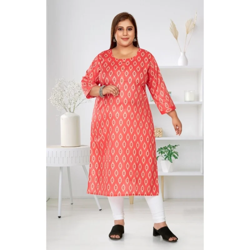 Generic Women's Casual 3/4th Sleeve Ikkat Printed Pure Cotton Straight Kurti (Pink) - Image 2