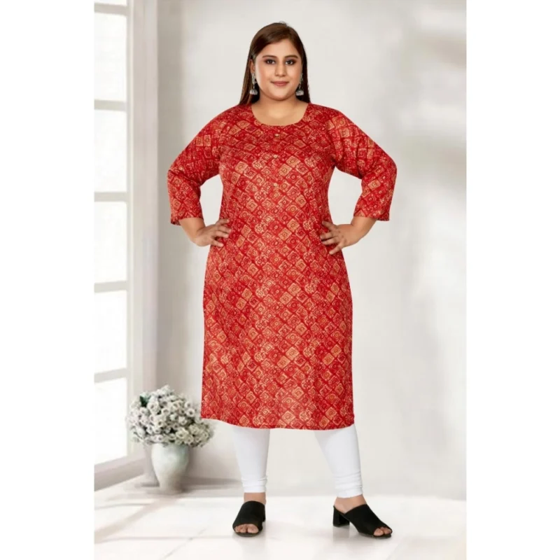 Generic Women's Casual 3/4th Sleeve Golden Foil Printed Capsule Cotton Straight Kurti (Red) - Image 2