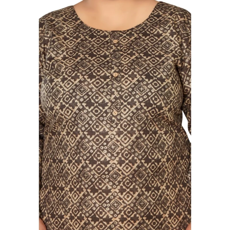 Generic Women's Casual 3/4th Sleeve Golden Foil Printed Capsule Cotton Straight Kurti (Brown) - Image 3
