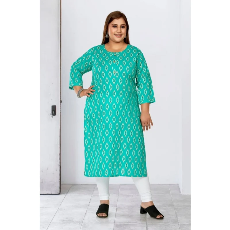 Generic Women's Casual 3/4th Sleeve Ikkat Printed Pure Cotton Straight Kurti (Turquoise) - Image 2