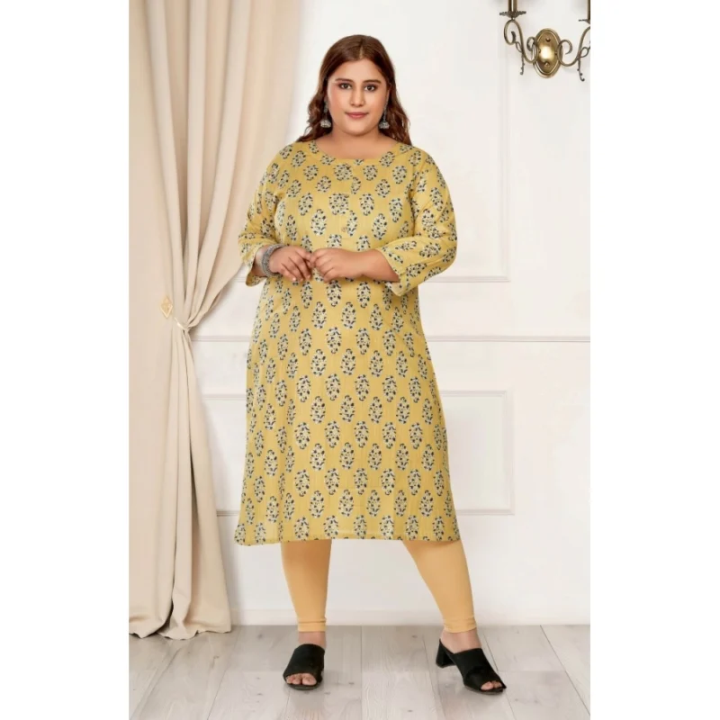Generic Women's Casual 3/4th Sleeve Golden Foil Printed Pure Cotton Straight Kurti (Light Yellow) - Image 2