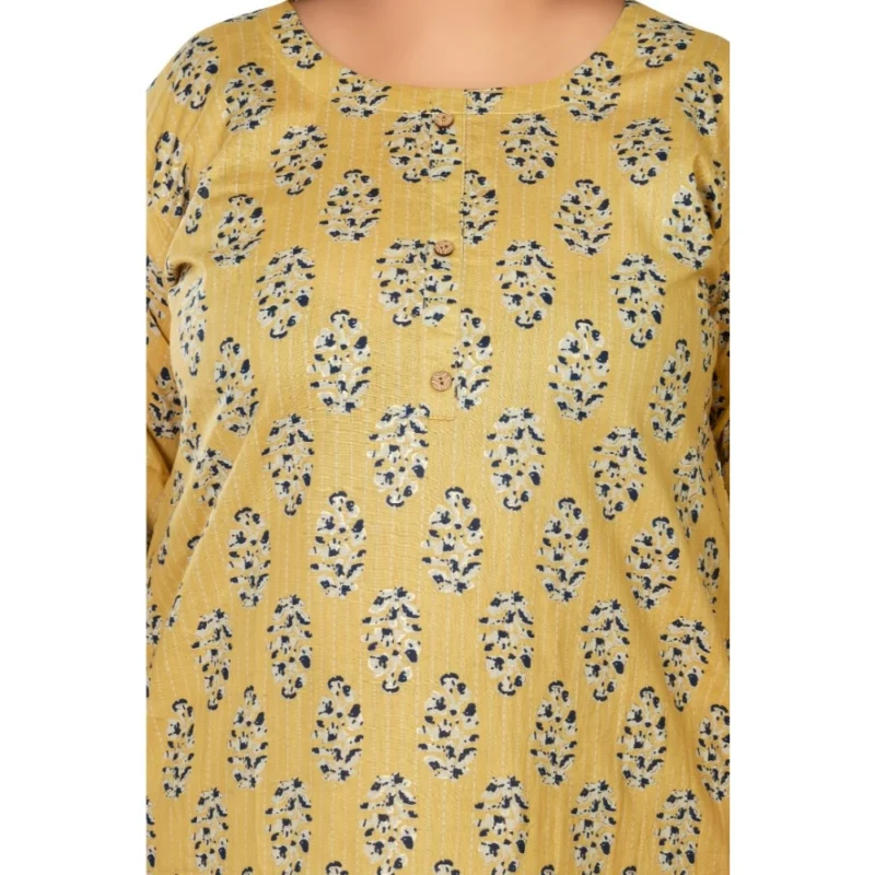Generic Women's Casual 3/4th Sleeve Golden Foil Printed Pure Cotton Straight Kurti (Light Yellow) - Image 3