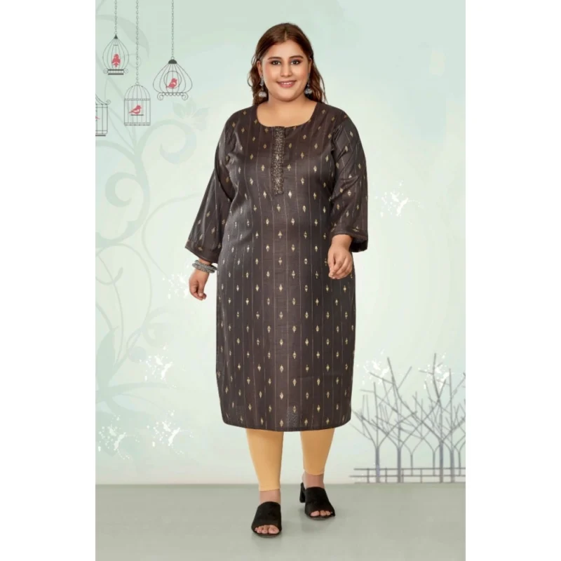 Generic Women's Casual 3/4th Sleeve Golden Embroided Cotton Mix Straight Kurti (Dark Grey) - Image 2
