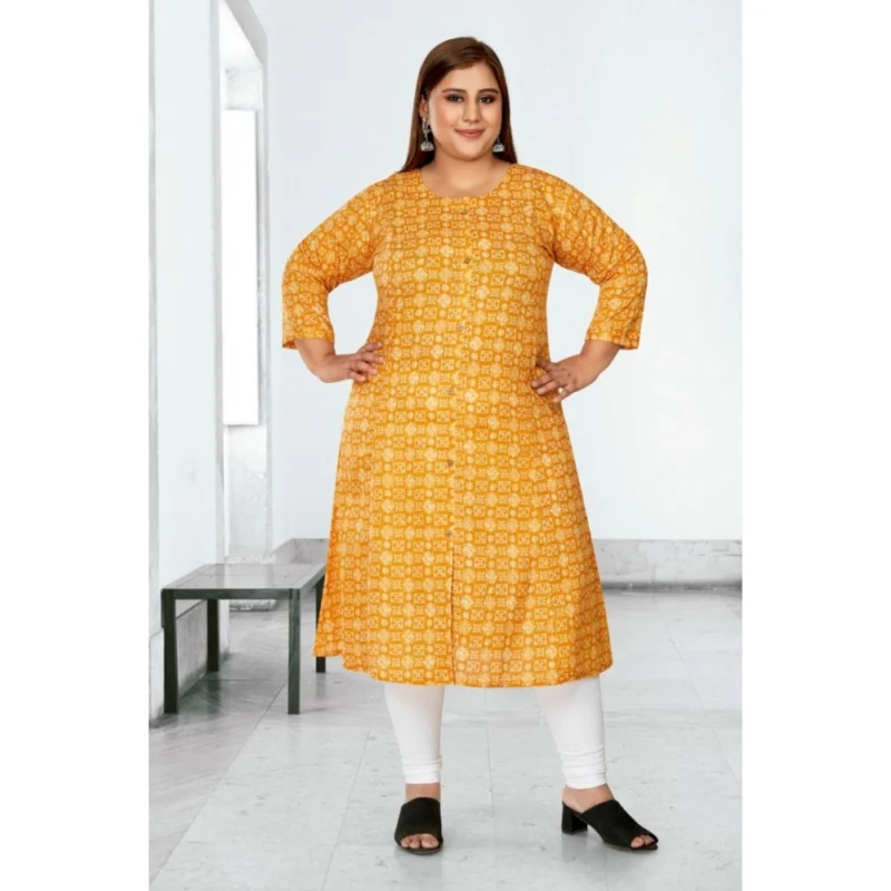 Generic Women's Casual 3/4th Sleeve Regular Printed Pure Cotton Prince Cut A-Line Kurti (Yellow) - Image 2