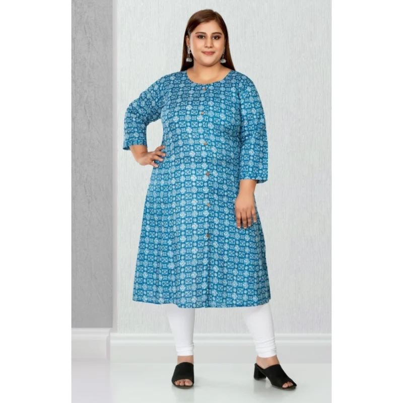 Generic Women's Casual 3/4th Sleeve Regular Printed Pure Cotton Prince Cut A-Line Kurti (Blue) - Image 2