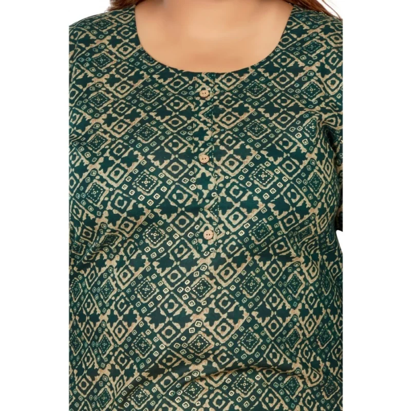 Generic Women's Casual 3/4th Sleeve Golden Foil Printed Capsule Cotton Straight Kurti (Dark Green) - Image 3