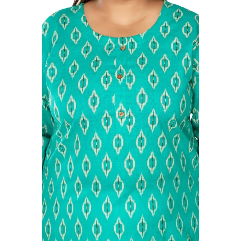 Generic Women's Casual 3/4th Sleeve Ikkat Printed Pure Cotton Straight Kurti (Turquoise) - Image 3