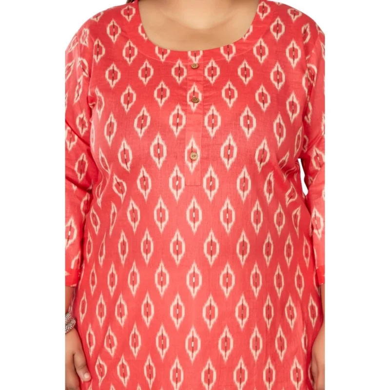 Generic Women's Casual 3/4th Sleeve Ikkat Printed Pure Cotton Straight Kurti (Pink) - Image 3