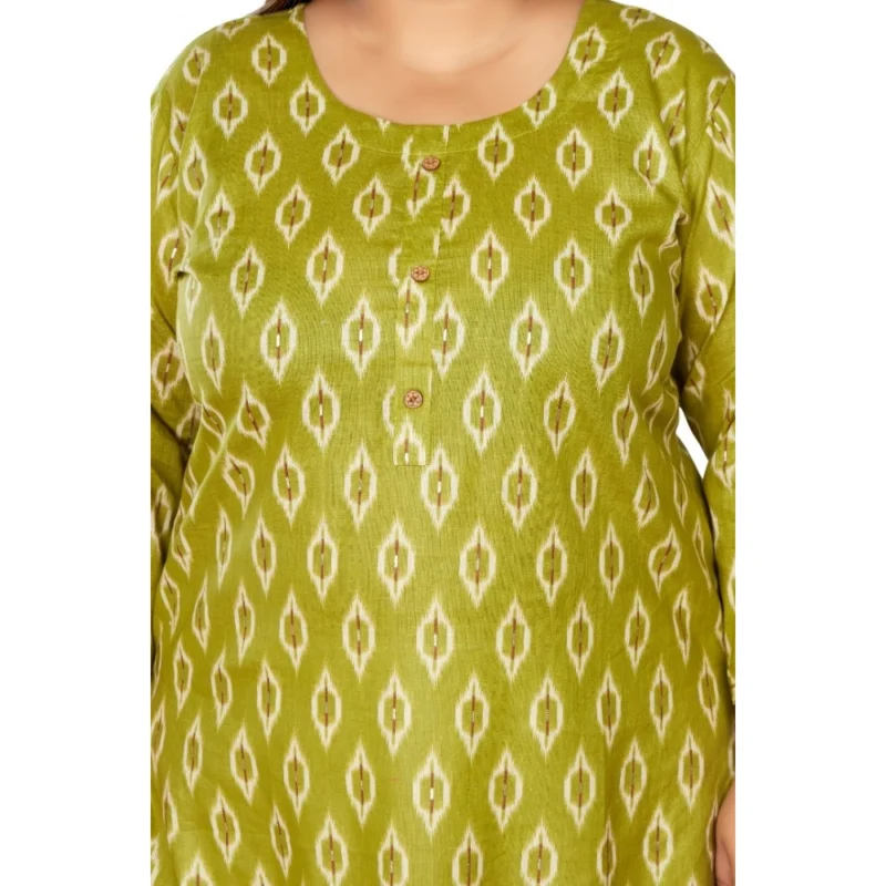 Generic Women's Casual 3/4th Sleeve Ikkat Printed Pure Cotton Straight Kurti (Pista Green) - Image 3