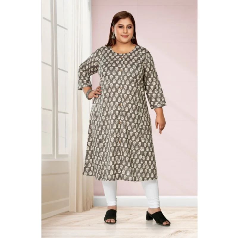 Generic Women's Casual 3/4th Sleeve Printed Pure Cotton Prince Cut A-Line Kurti (Grey) - Image 2