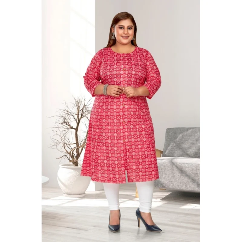Generic Women's Casual 3/4th Sleeve Regular Printed Pure Cotton Prince Cut A-Line Kurti (Pink) - Image 2