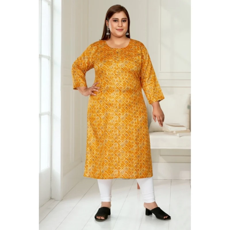 Generic Women's Casual 3/4th Sleeve Golden Foil Printed Capsule Cotton Straight Kurti (Yellow) - Image 2