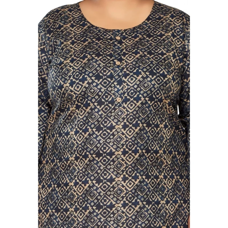 Generic Women's Casual 3/4th Sleeve Golden Foil Printed Capsule Cotton Straight Kurti (Navy Blue) - Image 3