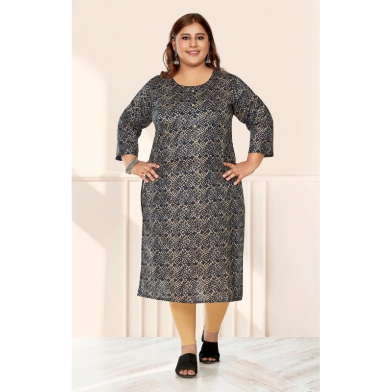 Generic Women's Casual 3/4th Sleeve Golden Foil Printed Capsule Cotton Straight Kurti (Navy Blue) - Image 2