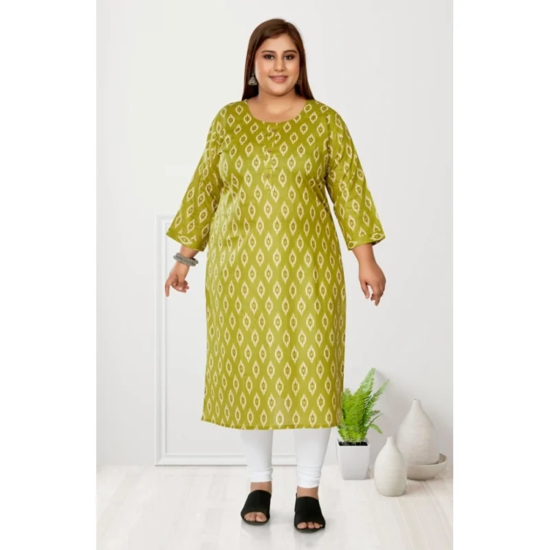 Generic Women's Casual 3/4th Sleeve Ikkat Printed Pure Cotton Straight Kurti (Pista Green) - Image 2