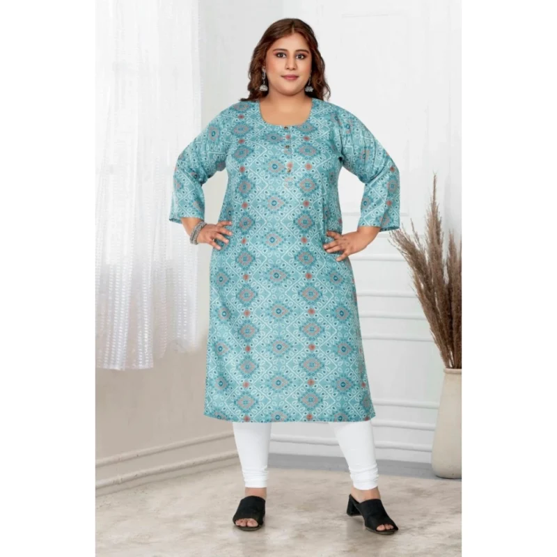 Generic Women's Casual 3/4th Sleeve Golden Foil Printed Rayon Straight Kurti (Blue) - Image 2
