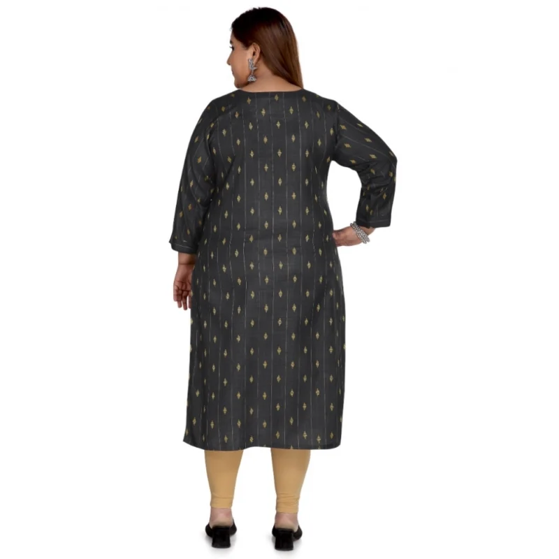 Generic Women's Casual 3/4th Sleeve Cotton Mix Golden Embroidered Straight Kurti (Black) - Image 2