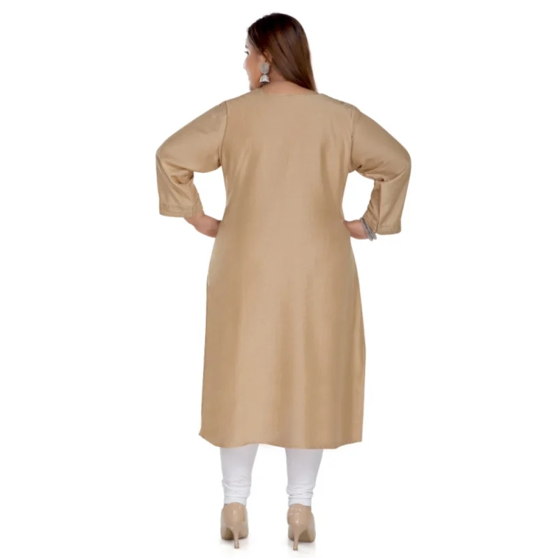 Generic Women's Casual 3/4th Sleeve Imported Fabric Self Embroidered Straight Kurti With Lining (Tan) - Image 2