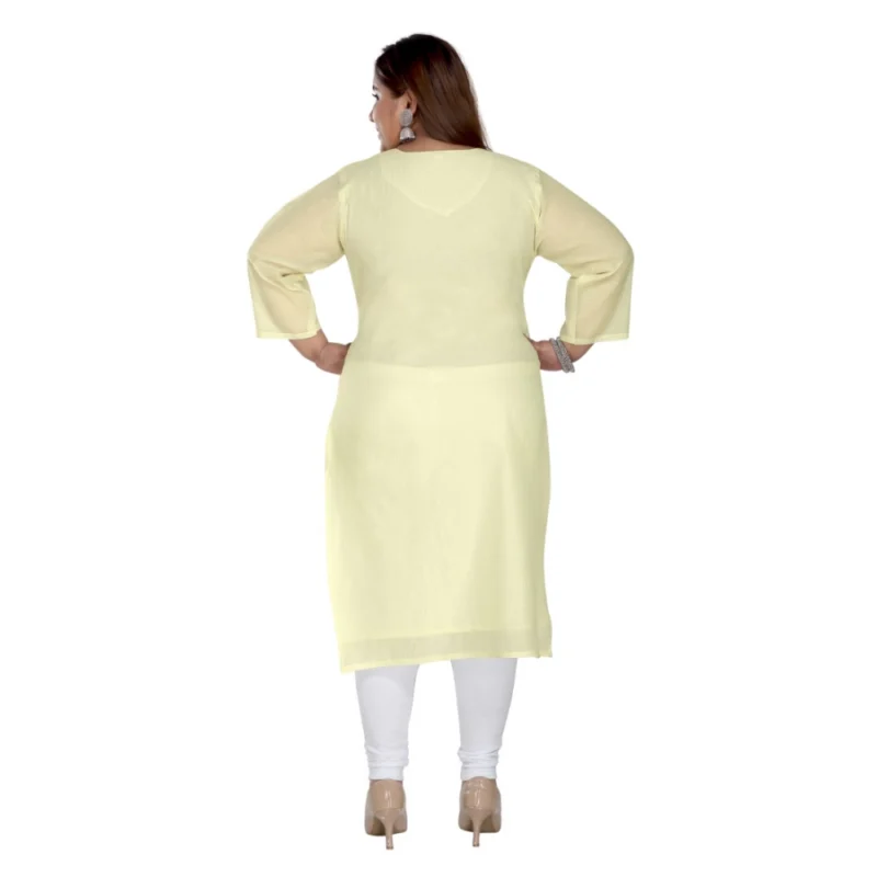 Generic Women's Casual 3/4th Sleeve Rayon Mirror Embroidered Straight Kurti (Light Yellow) - Image 2