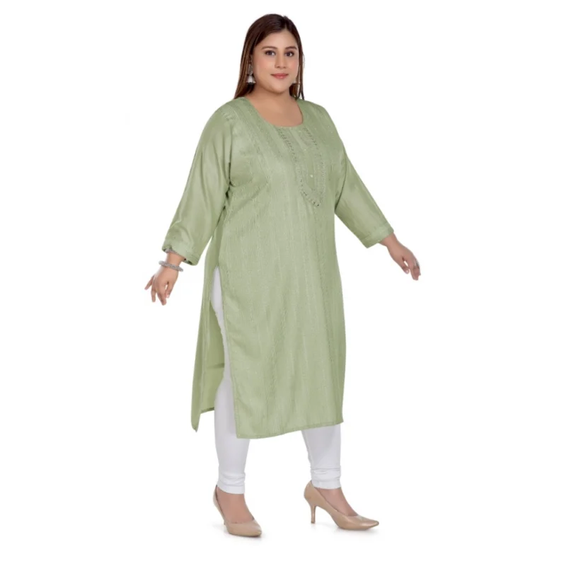 Generic Women's Casual 3/4th Sleeve Imported Fabric Self Embroidered Straight Kurti With Lining (Pista Green) - Image 3