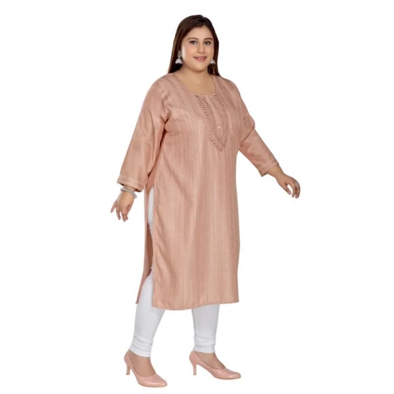 Generic Women's Casual 3/4th Sleeve Imported Fabric Self Embroidered Straight Kurti With Lining (Corel Pink) - Image 3
