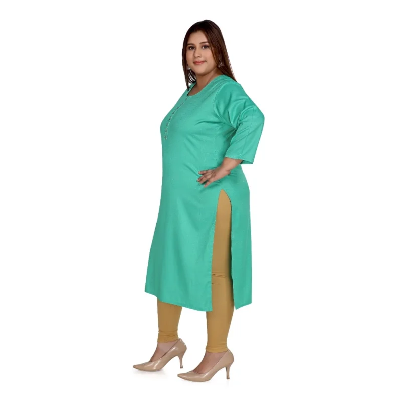 Generic Women's Casual 3/4th Sleeve Rayon Mirror Embroidered Straight Kurti (Turquoise) - Image 2