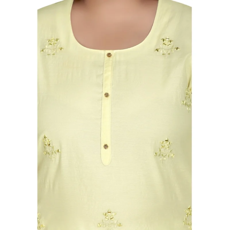 Generic Women's Casual 3/4th Sleeve Rayon Mirror Embroidered Straight Kurti (Light Yellow) - Image 5