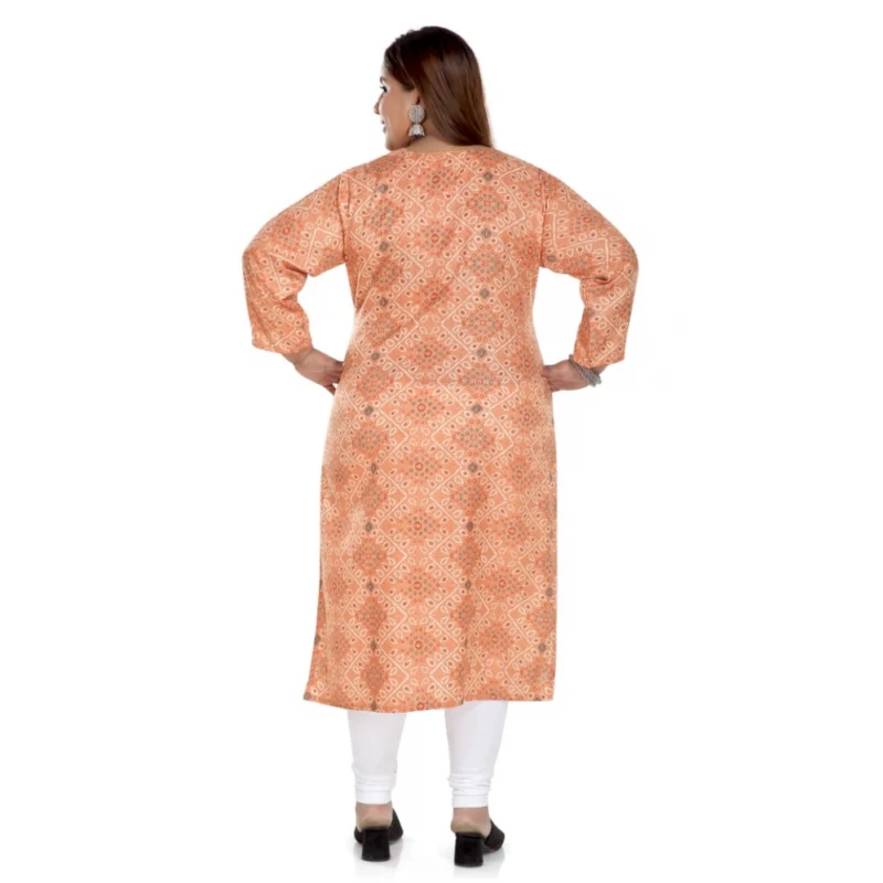 Generic Women's Casual 3/4th Sleeve Rayon Golden Foil Printed Straight Kurti (Light Orange) - Image 2