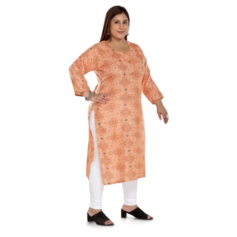 Generic Women's Casual 3/4th Sleeve Rayon Golden Foil Printed Straight Kurti (Light Orange) - Image 3
