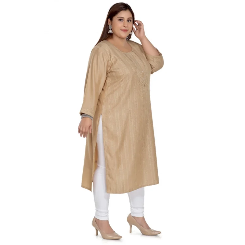 Generic Women's Casual 3/4th Sleeve Imported Fabric Self Embroidered Straight Kurti With Lining (Tan) - Image 3