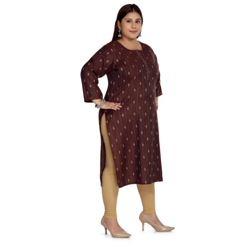 Generic Women's Casual 3/4th Sleeve Cotton Mix Golden Embroidered Straight Kurti (Maroon) - Image 3