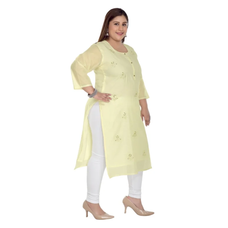 Generic Women's Casual 3/4th Sleeve Rayon Mirror Embroidered Straight Kurti (Light Yellow) - Image 3