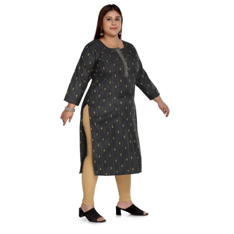 Generic Women's Casual 3/4th Sleeve Cotton Mix Golden Embroidered Straight Kurti (Black) - Image 3