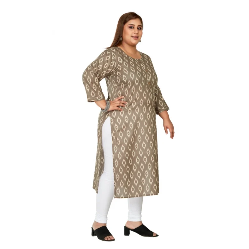 Generic Women's Casual 3/4th Sleeve Pure Cotton Ikkat Printed Straight Kurti (Dark Grey) - Image 3