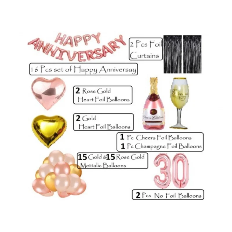 Generic 30Th Anniversary Rose Gold Foil Balloons With Happy Decoration Items Set (Rose Gold) - Image 3