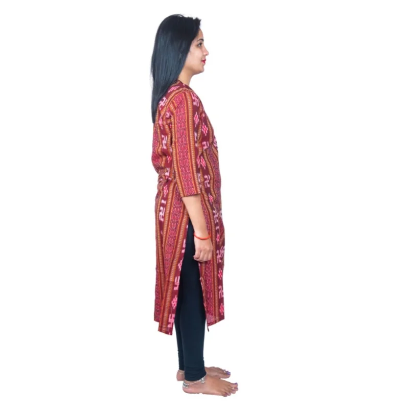 Generic Women's Sambalpuri Certified Handloom Pure Cotton Straight Kurti (Maroon) - Image 3