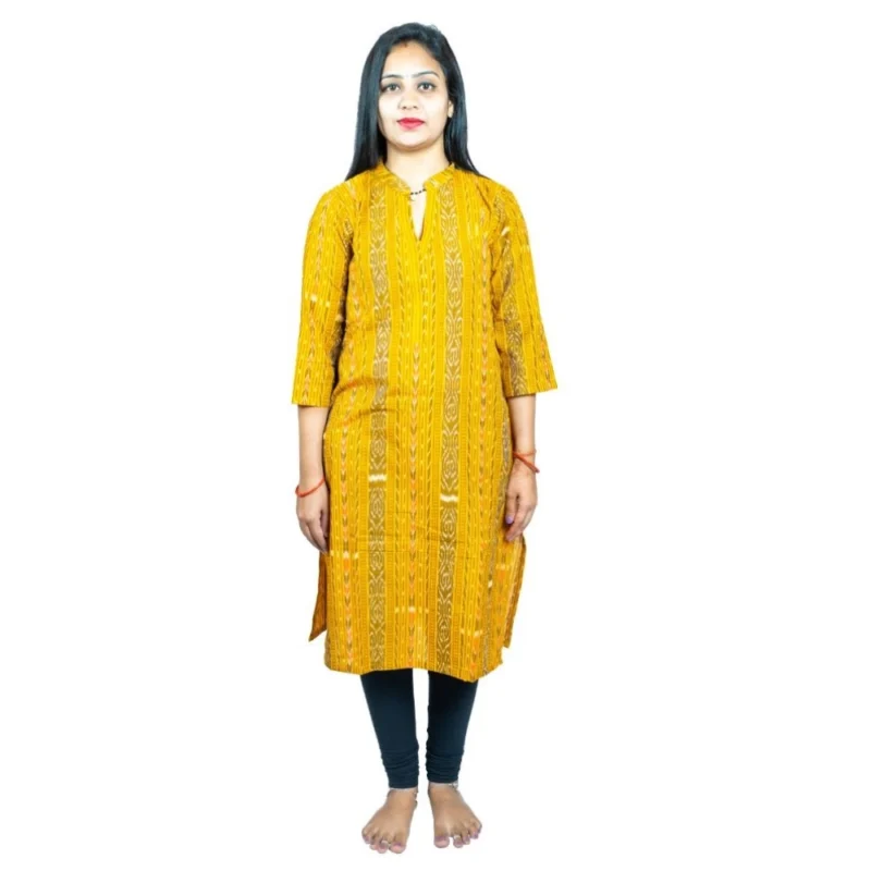 Generic Women's Sambalpuri Certified Handloom Pure Cotton Straight Kurti (Yellow) - Image 2