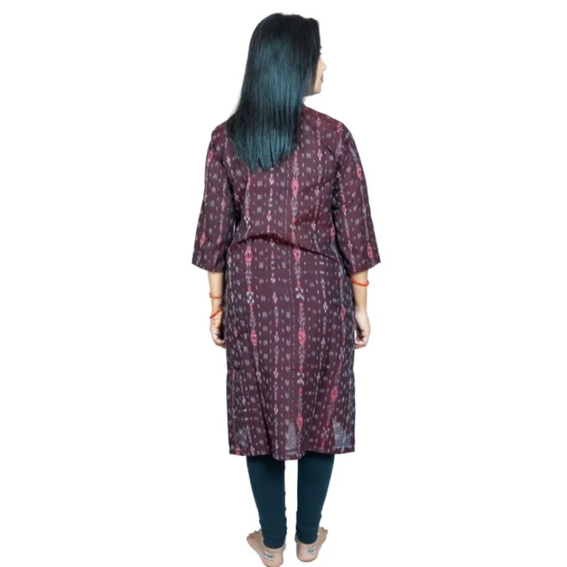 Generic Women's Sambalpuri Certified Handloom Pure Cotton Straight Kurti (Brown) - Image 2