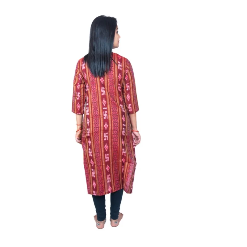 Generic Women's Sambalpuri Certified Handloom Pure Cotton Straight Kurti (Maroon) - Image 2
