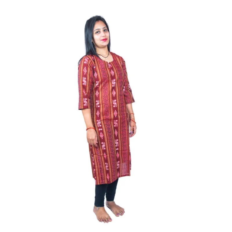 Generic Women's Sambalpuri Certified Handloom Pure Cotton Straight Kurti (Maroon) - Image 6