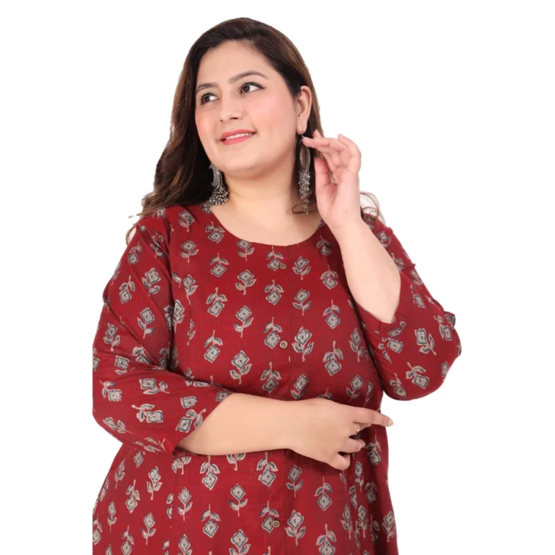 Generic Women's Office wear Floral Printed Capsule Princess Cut Kurti (Maroon) - Image 2