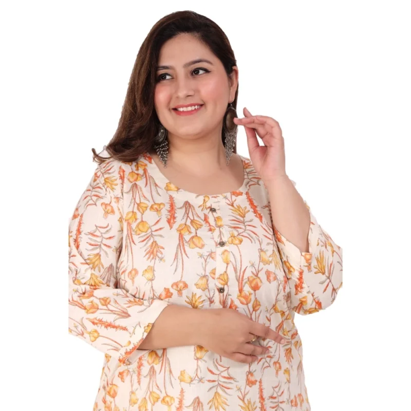 Generic Women's Office wear Floral Printed Capsule Straight Kurti (Orange) - Image 2