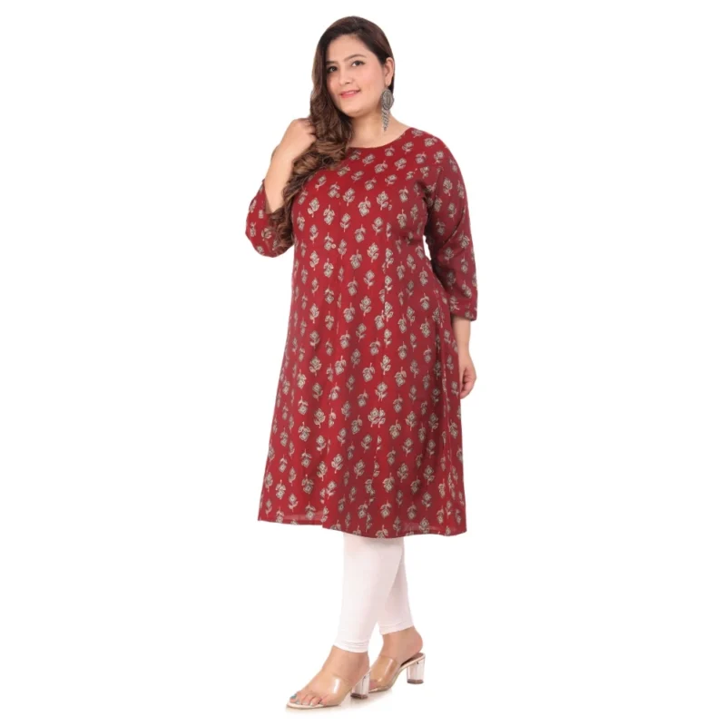 Generic Women's Office wear Floral Printed Capsule Princess Cut Kurti (Maroon) - Image 3