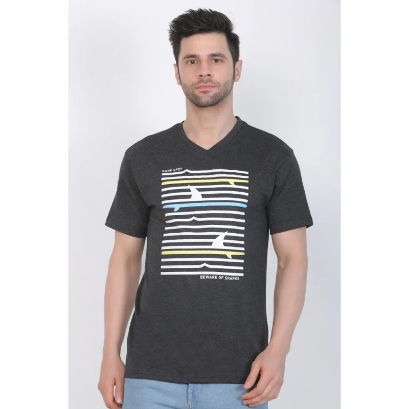Generic Men's Cotton Jersey V Neck Printed Tshirt (Charcoal Melange) - Image 2