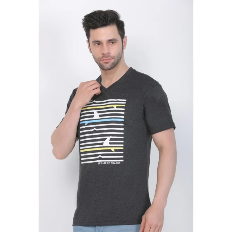 Generic Men's Cotton Jersey V Neck Printed Tshirt (Charcoal Melange) - Image 8