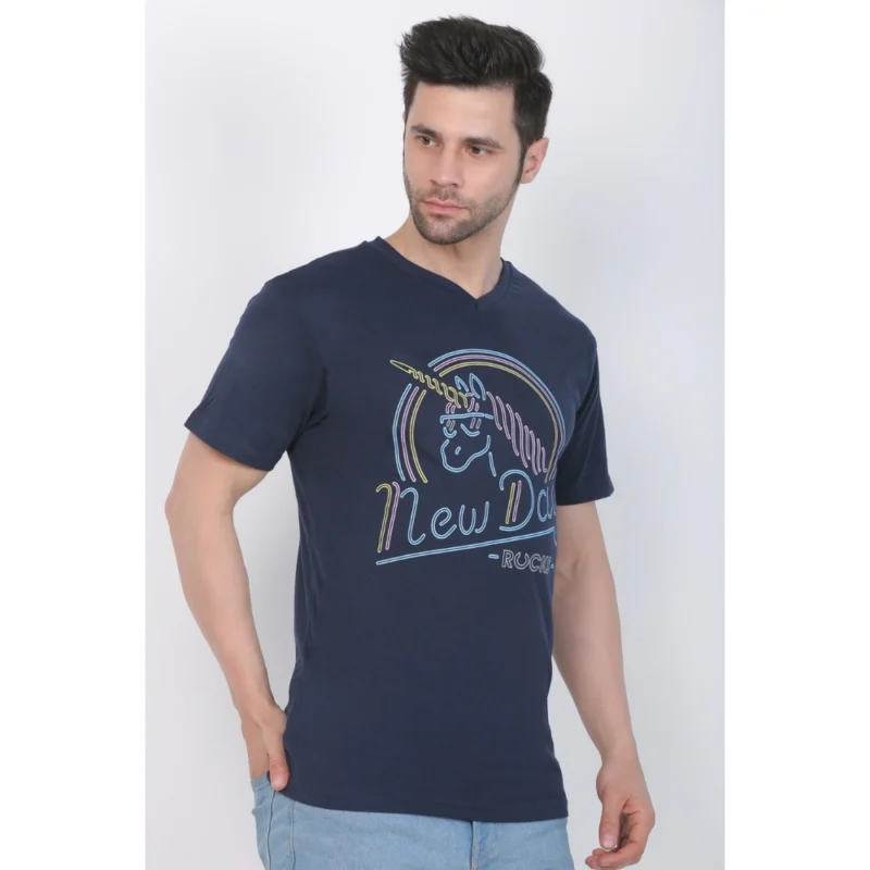 Generic Men's Cotton Jersey V Neck Printed Tshirt (Navy) - Image 5